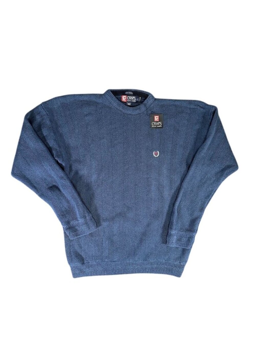Vintage CHAPS Ralph Lauren Knit Pullover Sweater BLUE Long Sleeve Cotton Mens LG